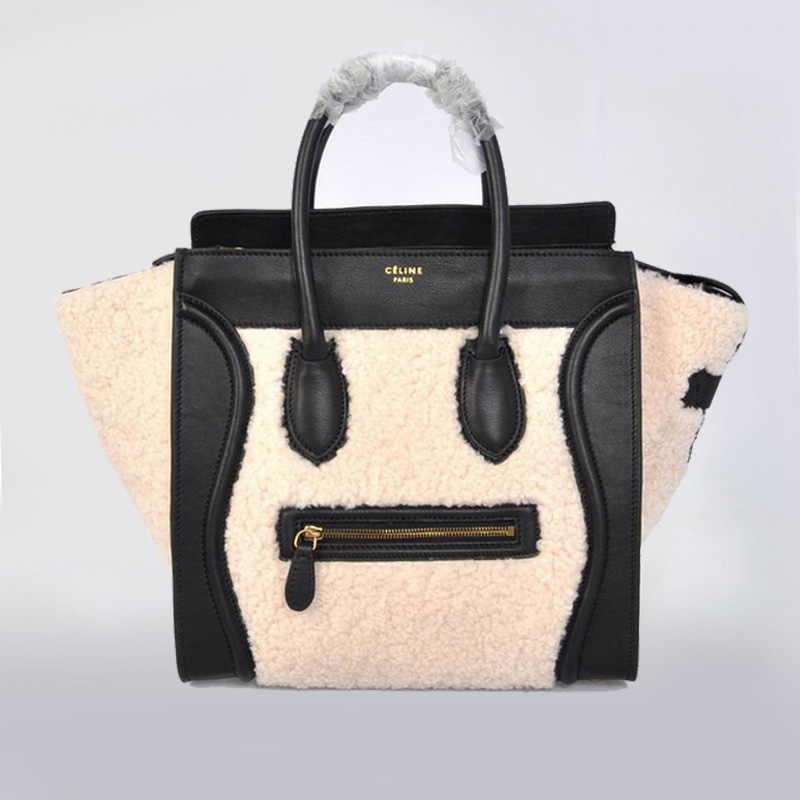 Celine Luggage Bag White Wool And Black Leather